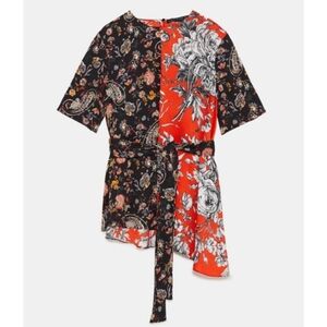 ZARA Asymetric Floral Women Top Blouse Size Small Made In Spain Red Black Colors
